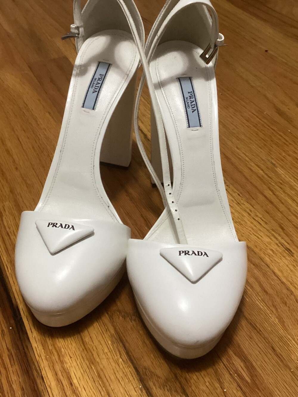 Prada White Platform Block Heel Sandals with Ankle Strap